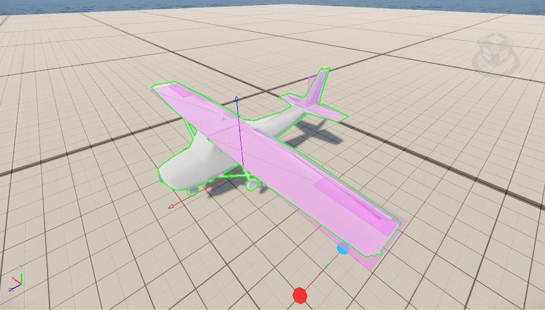 The F6 debug overlay in flight: body axes, force arrows, and the data panel