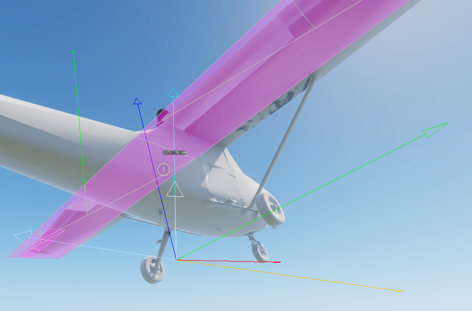 Per-surface force arrows and the magenta surface extents in debug draw